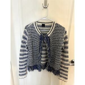 Pinko Blue & White Tweed Jacket with Frill Detail – Fits Like Small